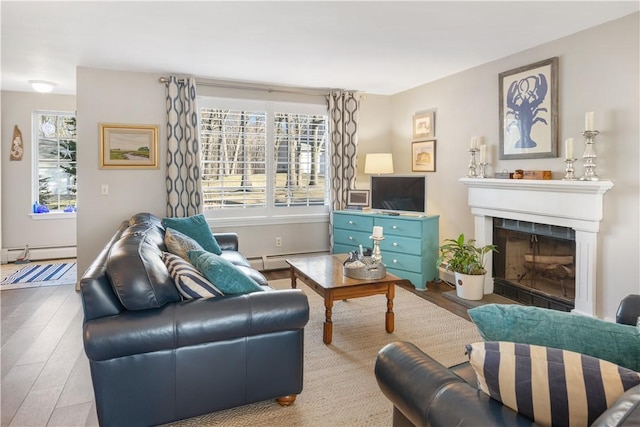 interior space featuring baseboard heating, a fireplace, and wood-type flooring