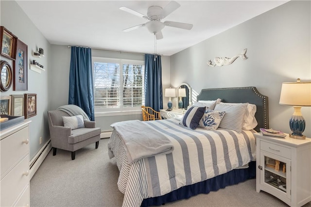 carpeted bedroom featuring ceiling fan and baseboard heating