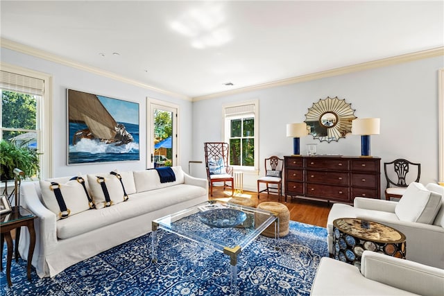 living room with crown molding, hardwood / wood-style floors, and plenty of natural light