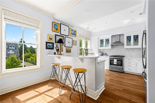 kitchen featuring backsplash, wall chimney exhaust hood, a kitchen bar, white cabinetry, and stainless steel appliances