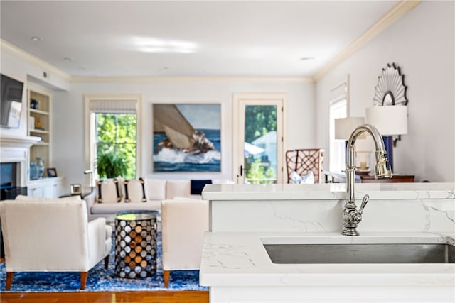 living room featuring built in shelves, crown molding, and sink