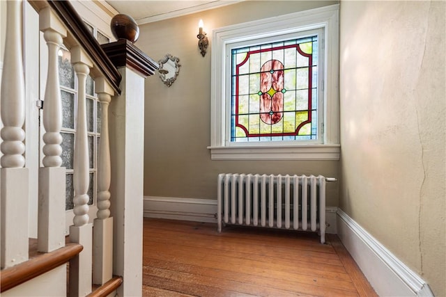 interior space featuring radiator heating unit, a wealth of natural light, ornamental molding, and hardwood / wood-style floors