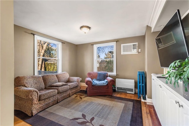 living room with dark hardwood / wood-style flooring, heating unit, and a wall mounted AC