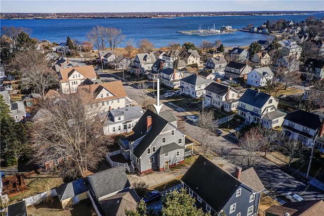 drone / aerial view with a water view