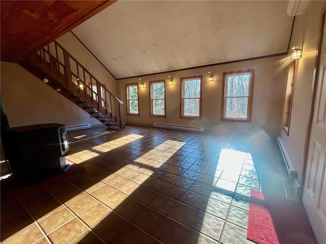 interior space with ornamental molding and a baseboard heating unit