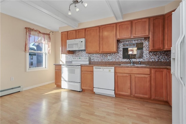 kitchen with beamed ceiling, light wood-type flooring, white appliances, and sink