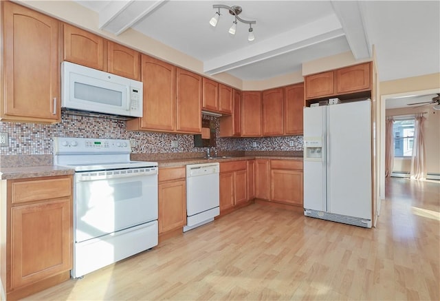 kitchen with white appliances, backsplash, ceiling fan, light wood-type flooring, and a baseboard radiator