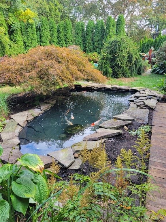 exterior space featuring a small pond