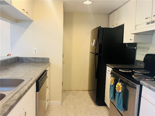 kitchen featuring white cabinets, stainless steel dishwasher, black range with electric stovetop, and sink