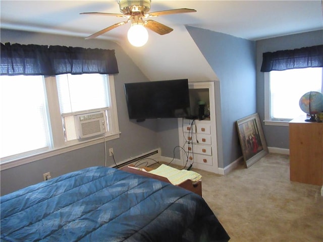 bedroom featuring vaulted ceiling, ceiling fan, cooling unit, light colored carpet, and a baseboard heating unit