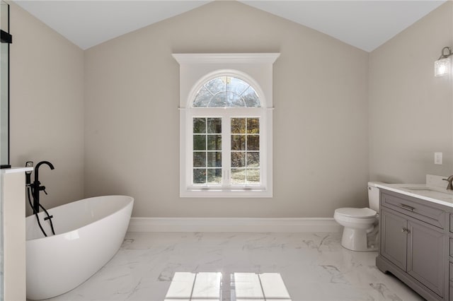 bathroom with a bathing tub, vanity, vaulted ceiling, and toilet