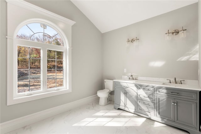 bathroom with toilet, vanity, and vaulted ceiling