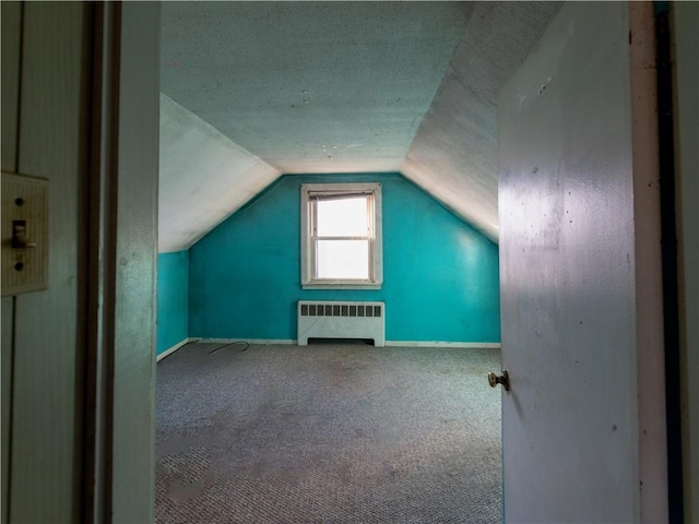 additional living space with carpet flooring, lofted ceiling, a textured ceiling, and radiator