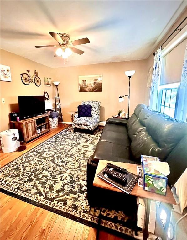 living room featuring ceiling fan and hardwood / wood-style floors