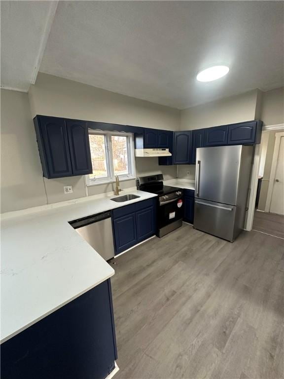 kitchen with blue cabinetry, appliances with stainless steel finishes, light hardwood / wood-style flooring, and sink