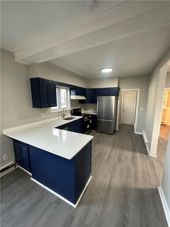 kitchen with light wood-type flooring, kitchen peninsula, sink, and appliances with stainless steel finishes