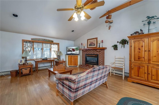 living room featuring a baseboard heating unit, a brick fireplace, lofted ceiling with beams, ceiling fan, and light hardwood / wood-style flooring