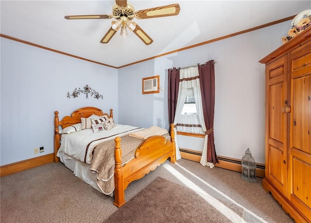 bedroom with ceiling fan, crown molding, and carpet flooring