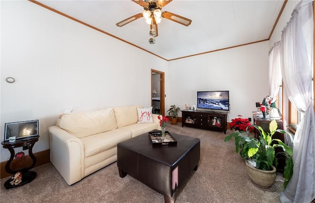 living room featuring carpet floors, ceiling fan, and ornamental molding