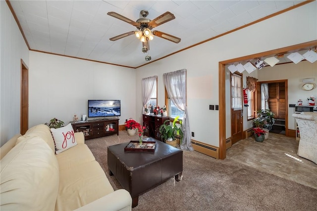 living room with ceiling fan, carpet, baseboard heating, and ornamental molding