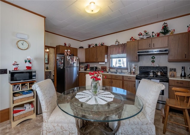 kitchen with appliances with stainless steel finishes, crown molding, and sink