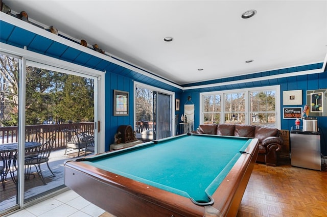 game room featuring pool table and light parquet flooring