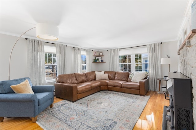 living room with crown molding, a healthy amount of sunlight, and light wood-type flooring