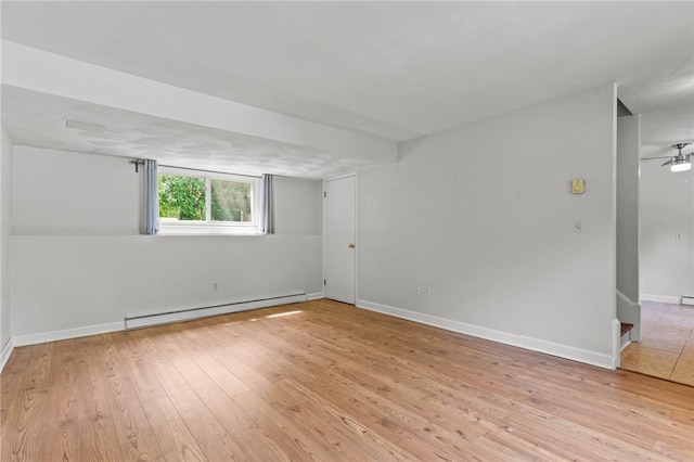 empty room with baseboard heating, ceiling fan, and light hardwood / wood-style flooring