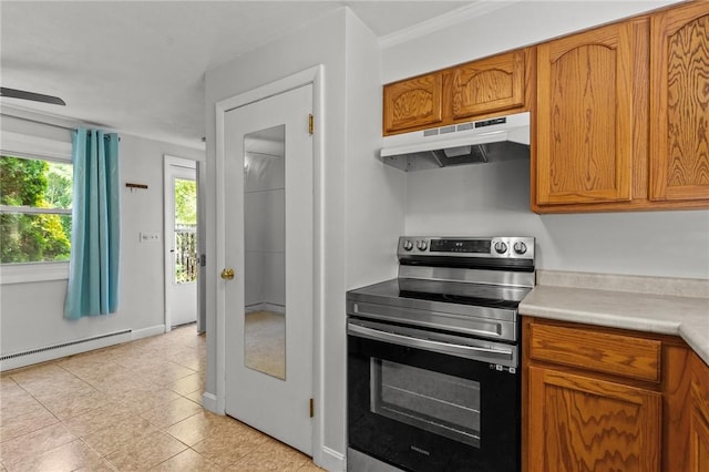 kitchen featuring stainless steel electric range oven, baseboard heating, and ornamental molding