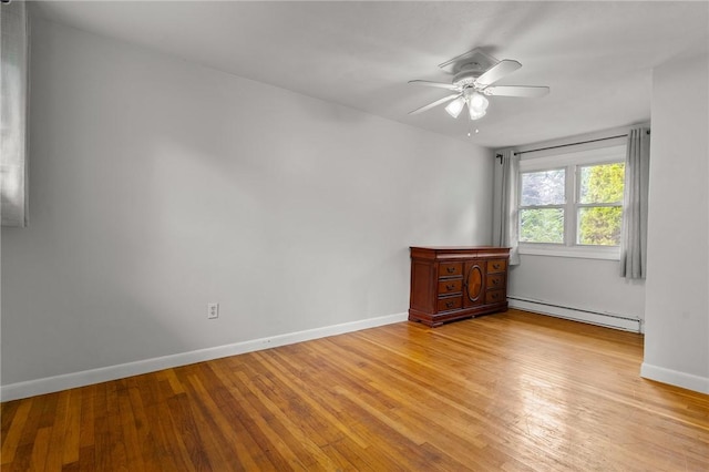 unfurnished room with ceiling fan, light hardwood / wood-style floors, and a baseboard heating unit