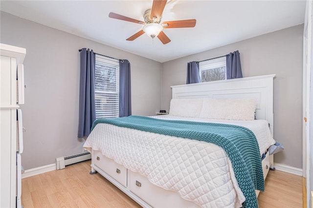 bedroom featuring ceiling fan, light hardwood / wood-style flooring, and a baseboard heating unit