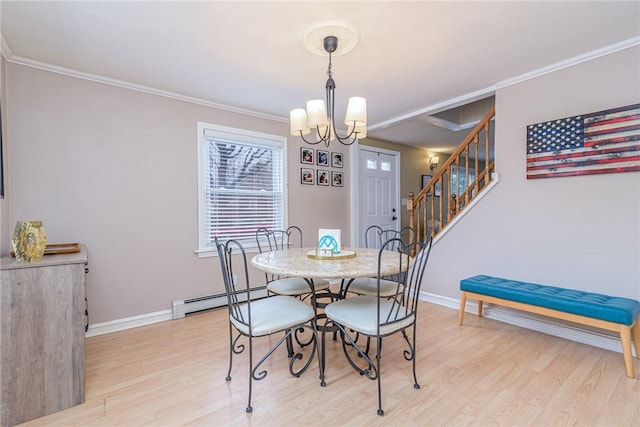 dining room with a chandelier, crown molding, light hardwood / wood-style flooring, and a baseboard radiator