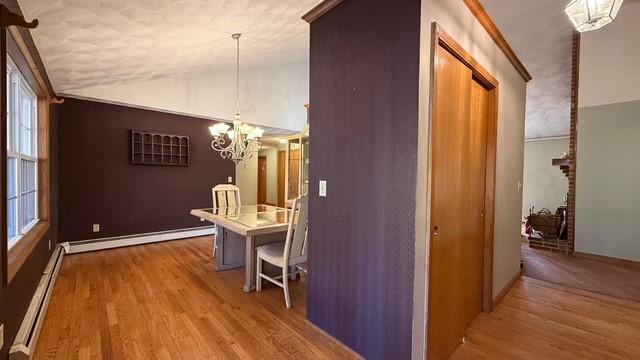 hall with lofted ceiling, hardwood / wood-style floors, a notable chandelier, and baseboard heating