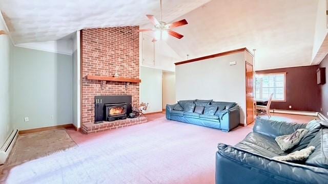 living room with ceiling fan, a baseboard radiator, lofted ceiling, and carpet floors