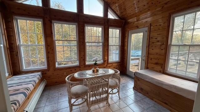 sunroom featuring vaulted ceiling and wooden ceiling