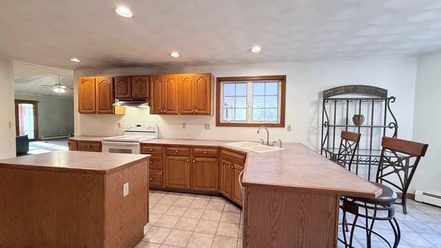 kitchen featuring plenty of natural light, a kitchen bar, sink, and white range with electric stovetop