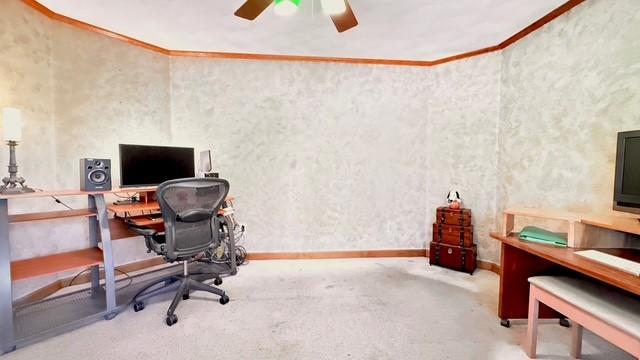 carpeted home office with ornamental molding and ceiling fan