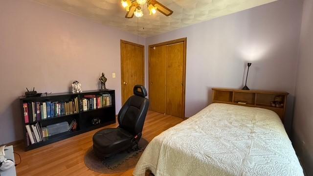 bedroom with hardwood / wood-style flooring and ceiling fan