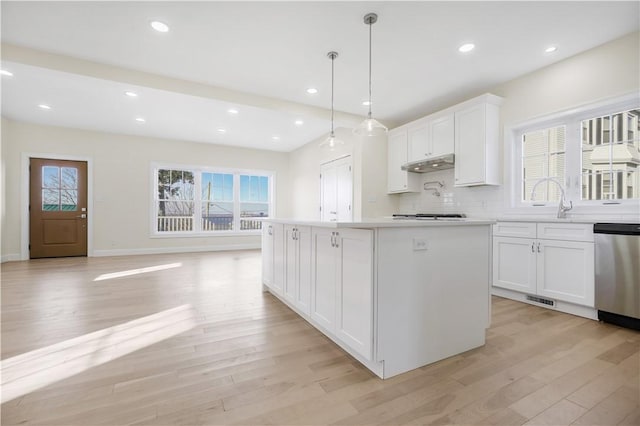 kitchen with white cabinetry, a center island, and stainless steel dishwasher