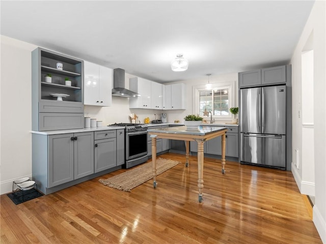 kitchen featuring light hardwood / wood-style flooring, wall chimney range hood, gray cabinets, appliances with stainless steel finishes, and sink