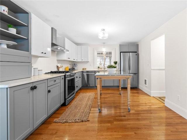 kitchen with light hardwood / wood-style floors, stainless steel appliances, wall chimney range hood, and gray cabinetry