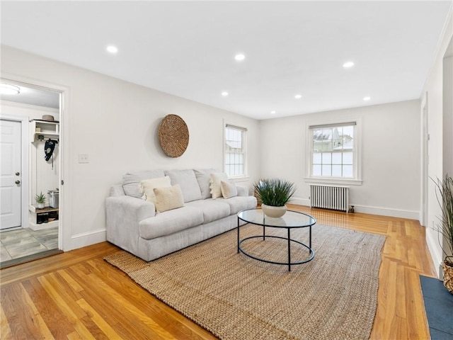 living room with wood-type flooring and radiator