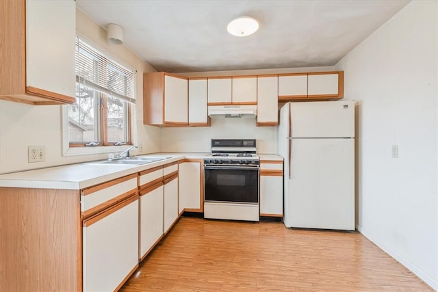 kitchen featuring light hardwood / wood-style floors, white cabinetry, white appliances, and sink