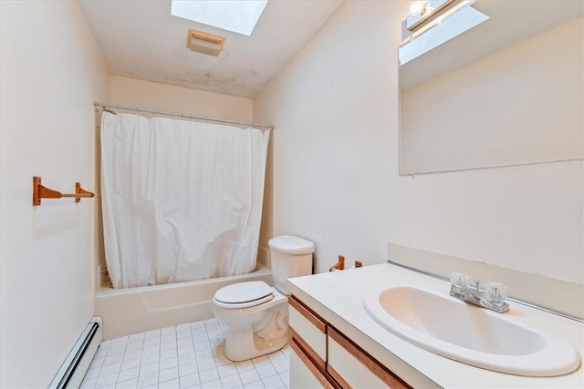 full bathroom featuring a skylight, a baseboard heating unit, toilet, shower / bath combo with shower curtain, and vanity