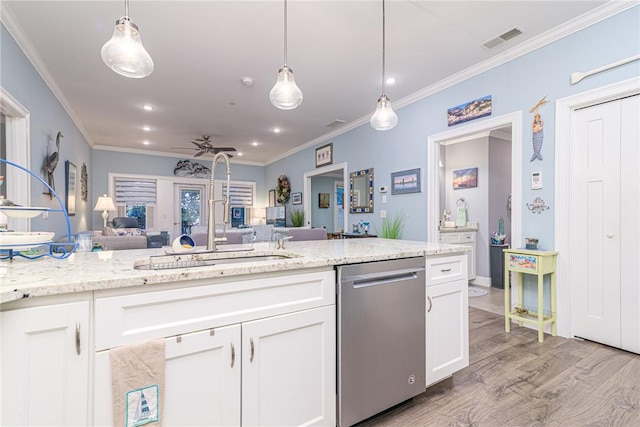 kitchen with white cabinets, ceiling fan, dishwasher, and pendant lighting