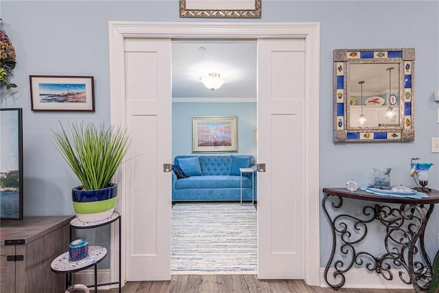 interior space featuring crown molding and hardwood / wood-style flooring