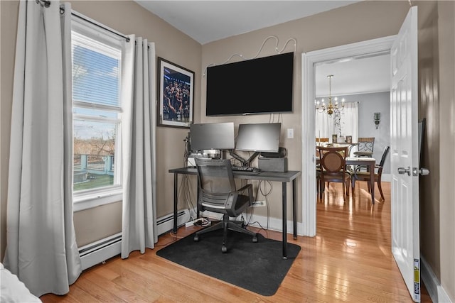 office space featuring a healthy amount of sunlight, a chandelier, a baseboard radiator, and wood-type flooring