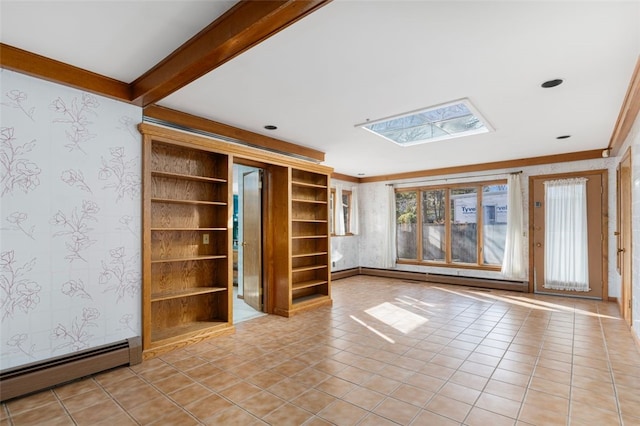 unfurnished living room featuring built in features, a baseboard radiator, and light tile patterned floors