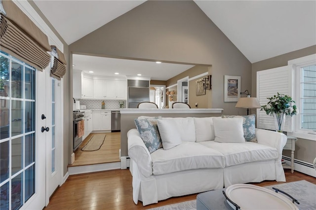 living room featuring light hardwood / wood-style floors, a healthy amount of sunlight, and vaulted ceiling