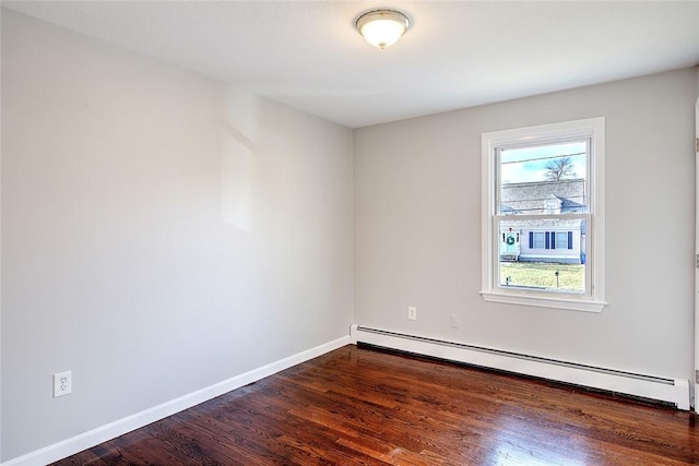 spare room with dark hardwood / wood-style flooring, cooling unit, and a baseboard heating unit